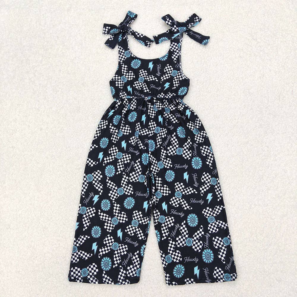 Baby Girls Straps Western Howdy Turquoise Jumpsuits