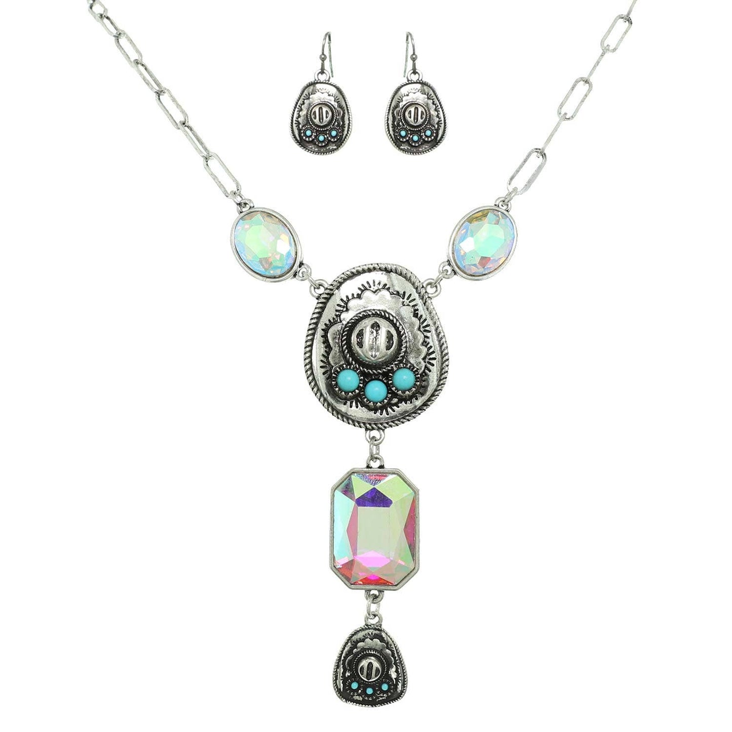 Western Gemstone Cowboy Hat Lariat Necklace Set