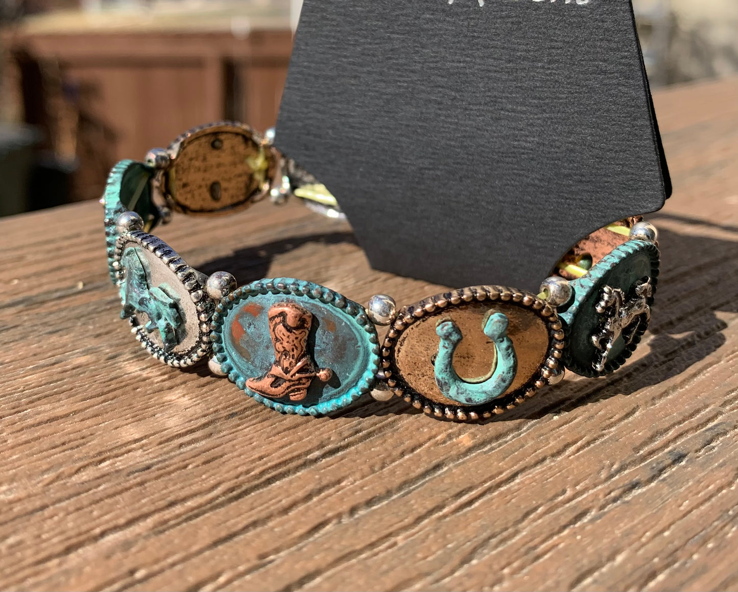 Bracelet stretch patina copper oval western