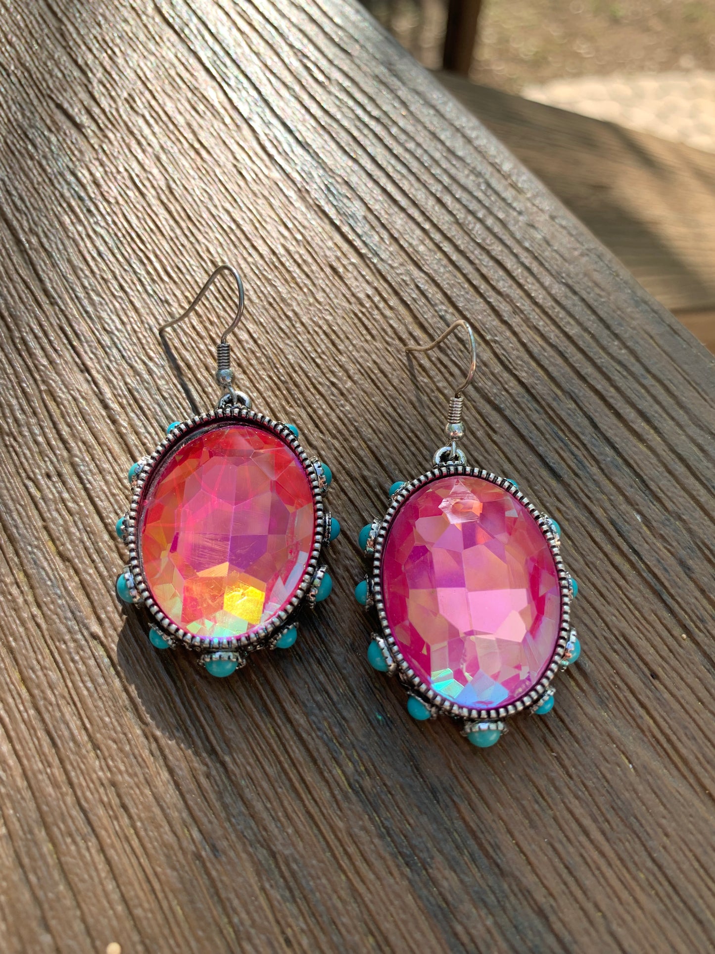 OVAL RHINESTONE WITH TURQUOISE STONE DANGLE EARRING