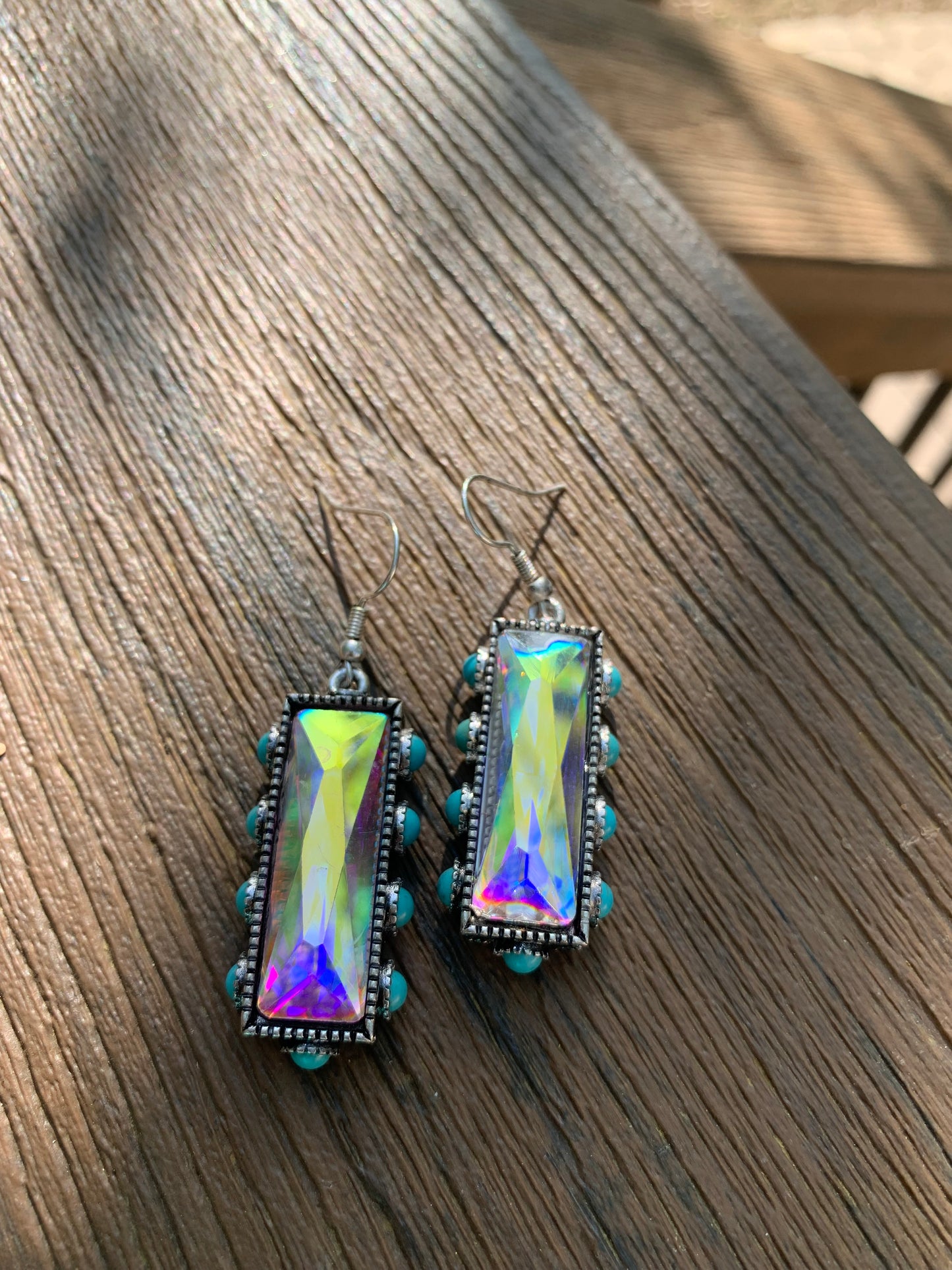 RECTANGLE RHINESTONE WITH TURQUOISE STONE DANGLE EARRING