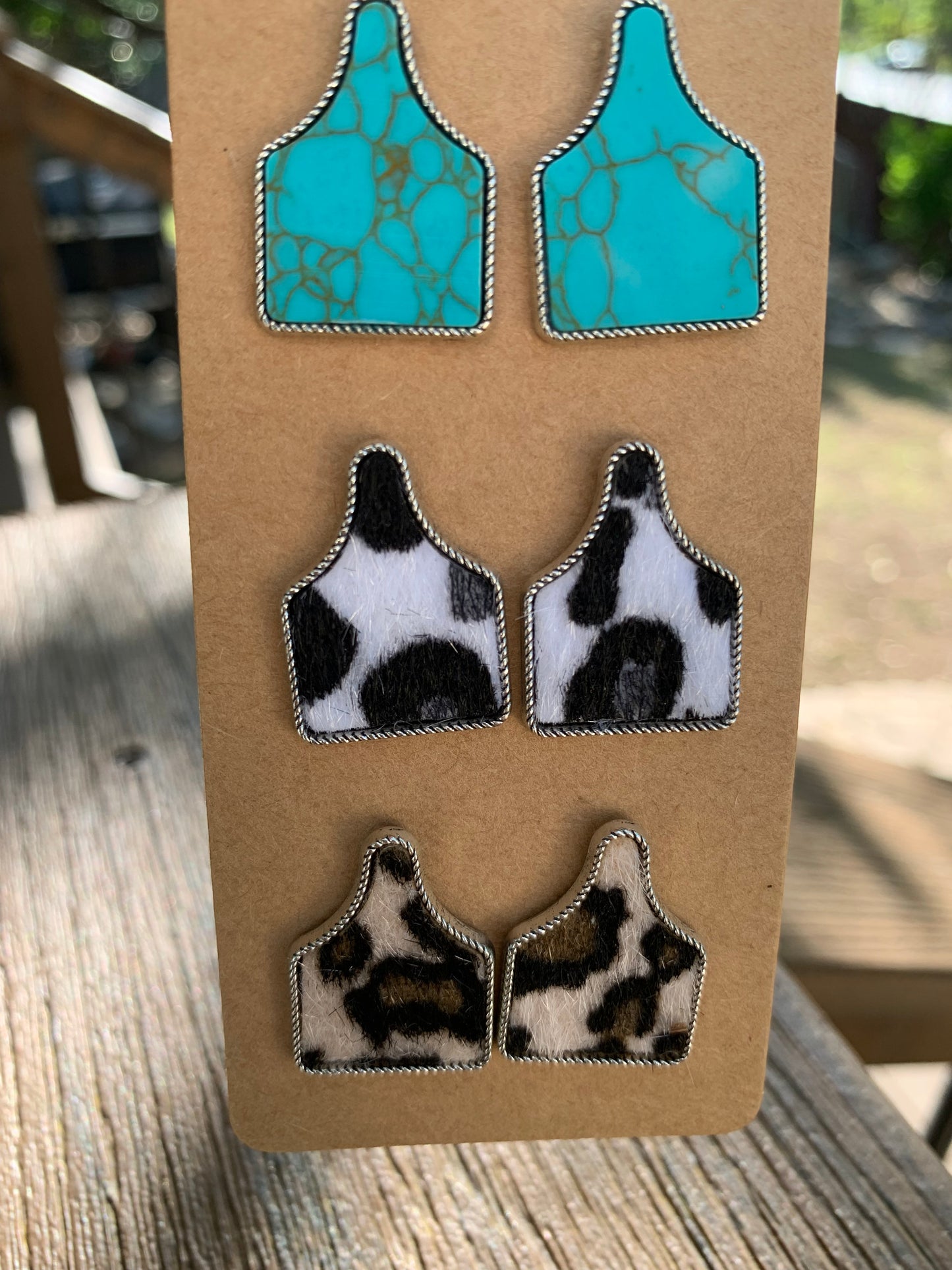 COW TAG TURQUOISE STONE & LEOPARD FUR STUD EARRING SET