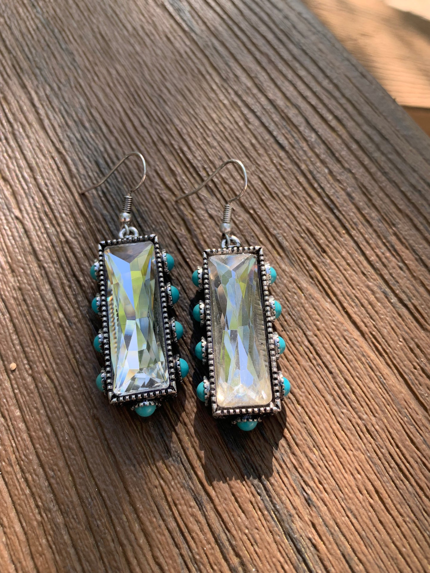 RECTANGLE RHINESTONE WITH TURQUOISE STONE DANGLE EARRING
