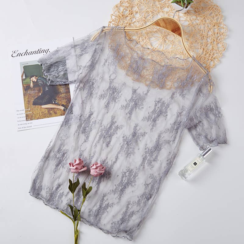 Floral lace mesh see through short sleeve top - 6 colors