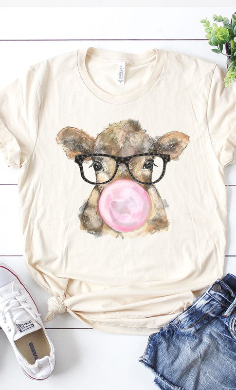 Bubble gum cow with glasses graphic tee PLUS