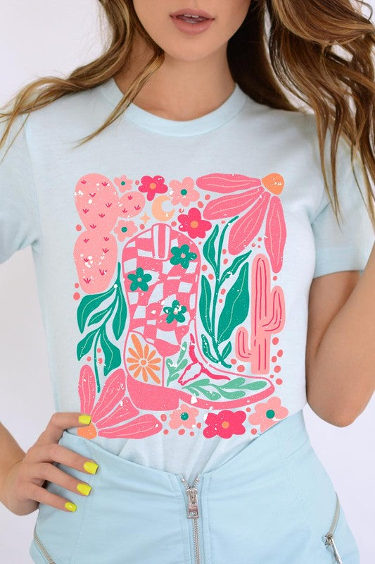 Boho Cowgirl Boot Floral Graphic T Shirts