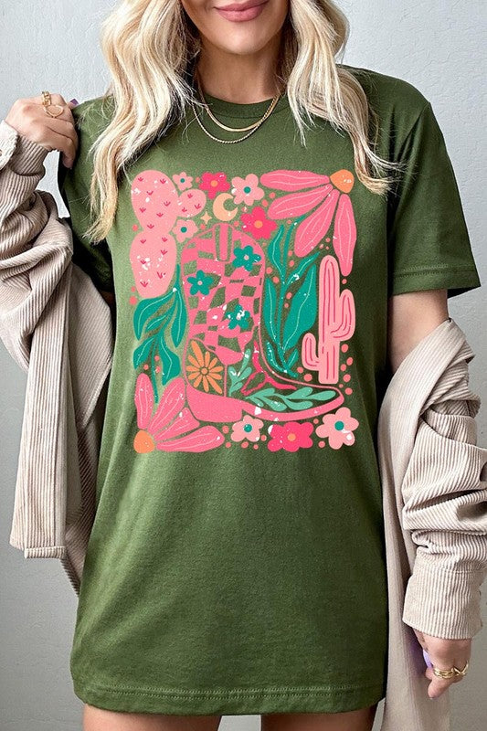 Boho Cowgirl Boot Floral Graphic T Shirts