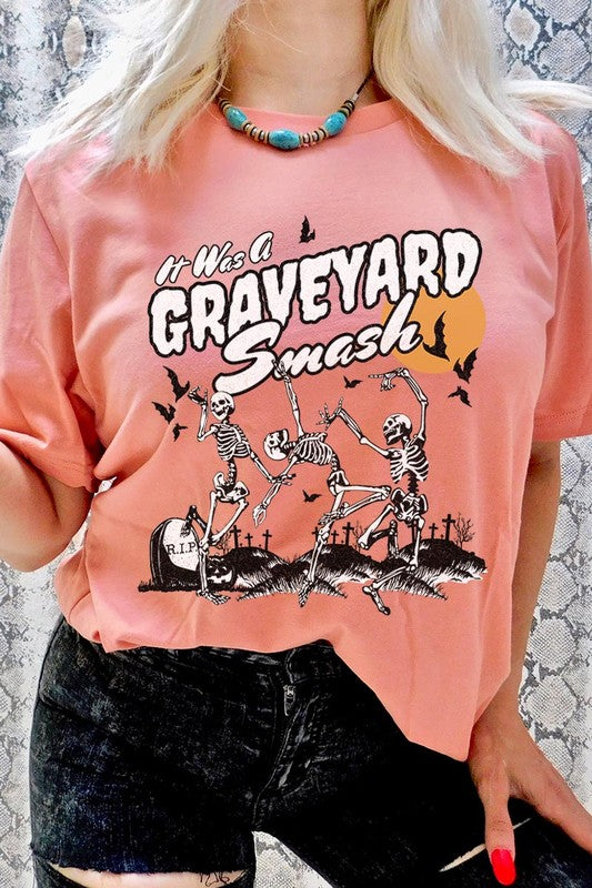 Graveyard Smash Skeleton Halloween Graphic Tee