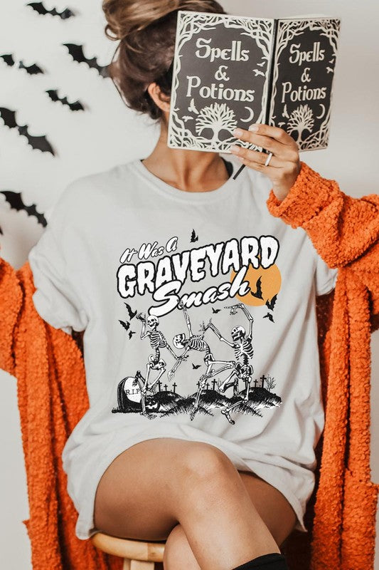 Graveyard Smash Skeleton Halloween Graphic Tee