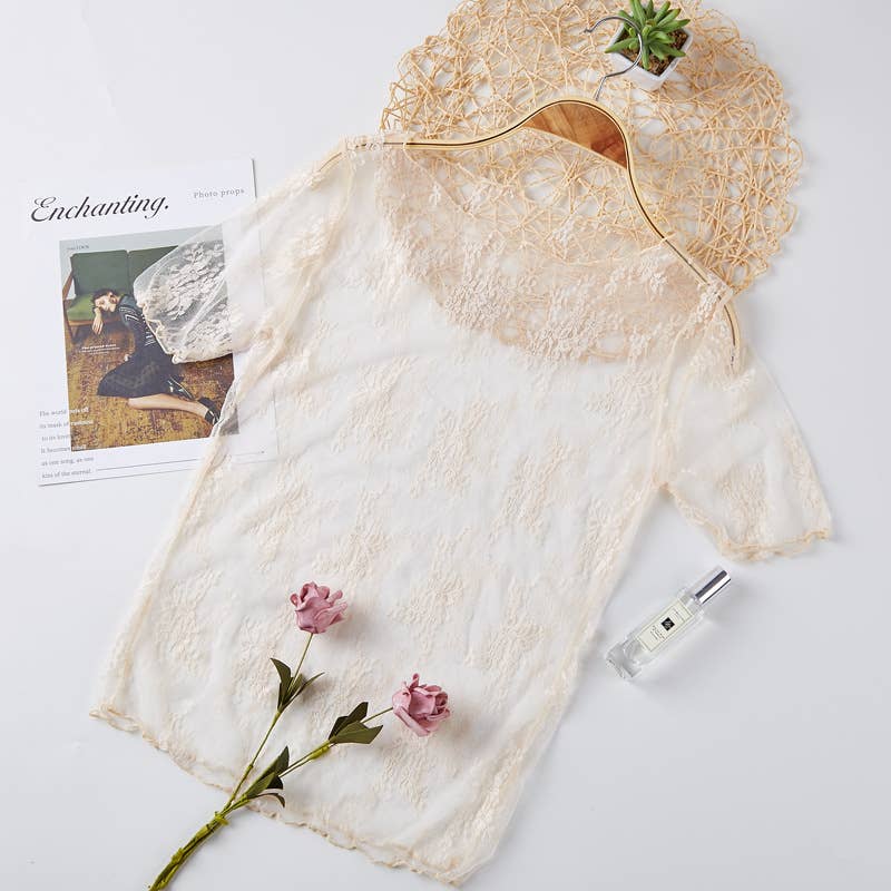Floral lace mesh see through short sleeve top - 6 colors
