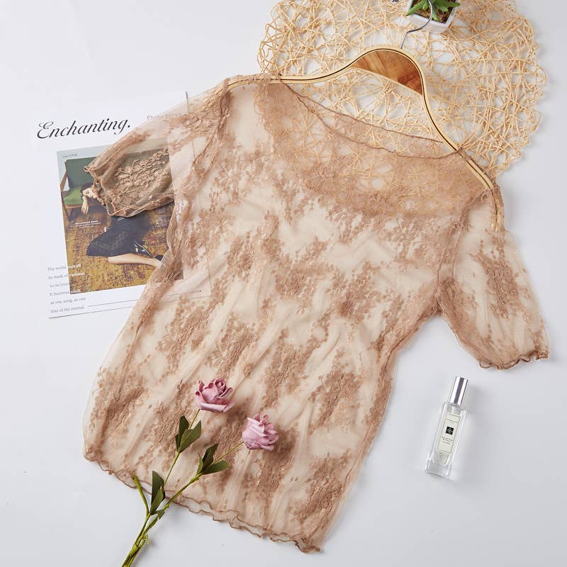 Floral lace mesh see through short sleeve top - 6 colors