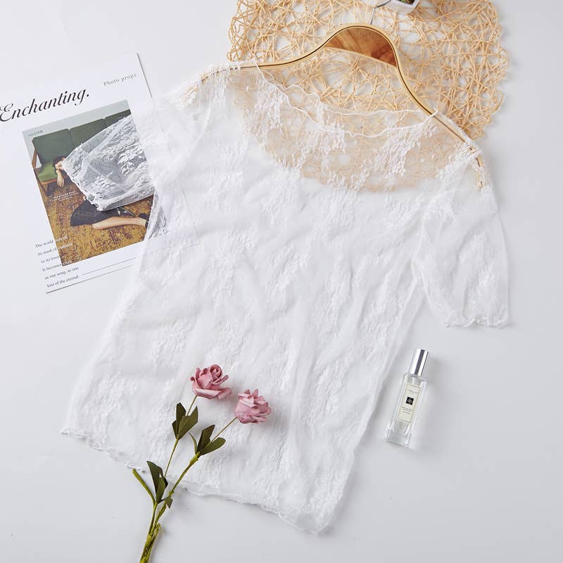 Floral lace mesh see through short sleeve top - 6 colors