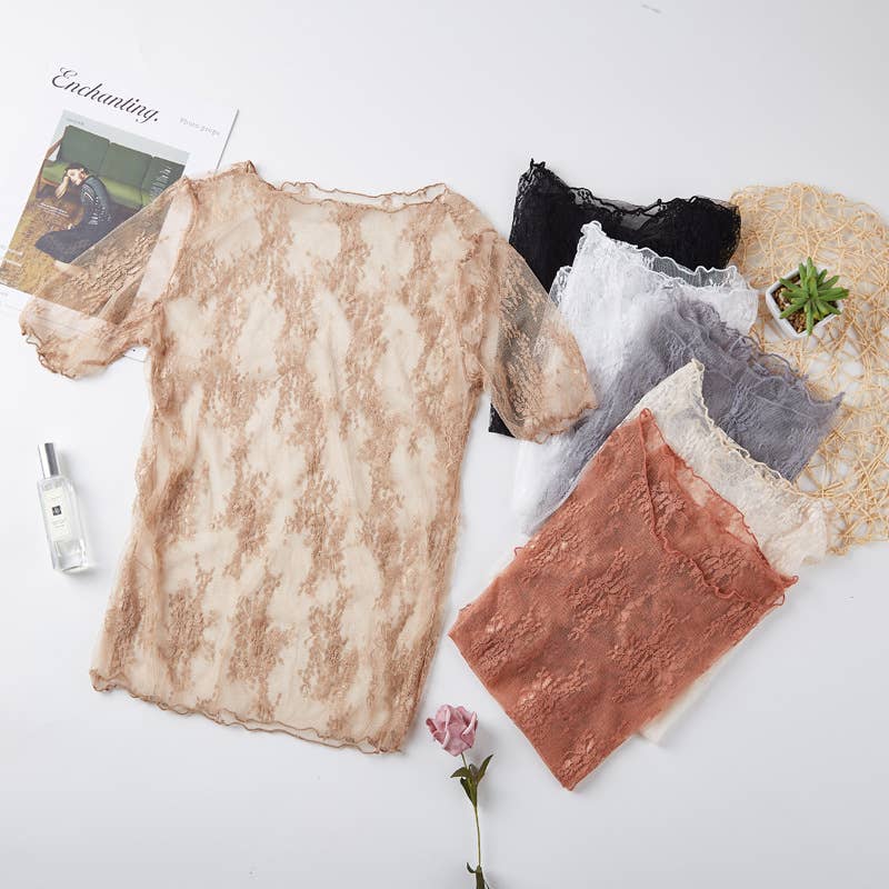 Floral lace mesh see through short sleeve top - 6 colors