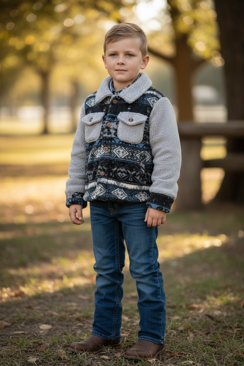 Black geometric sherpa shacket with gray