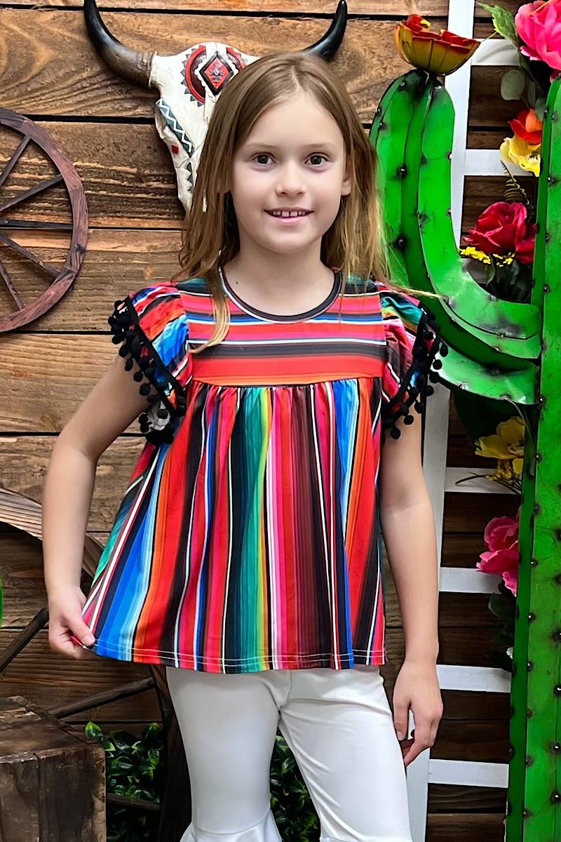 SERAPE PRINTED TUNIC WITH BLACK POM POM TRIM