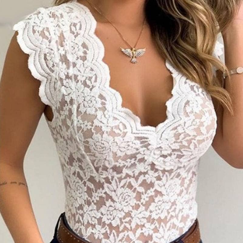 Floral sheer lace fitted tank sleeveless v-neck top