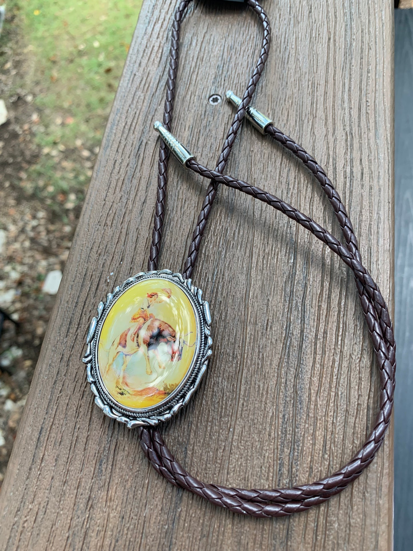 Brown leather with oval western cowgirl pendent adjustable Necklace