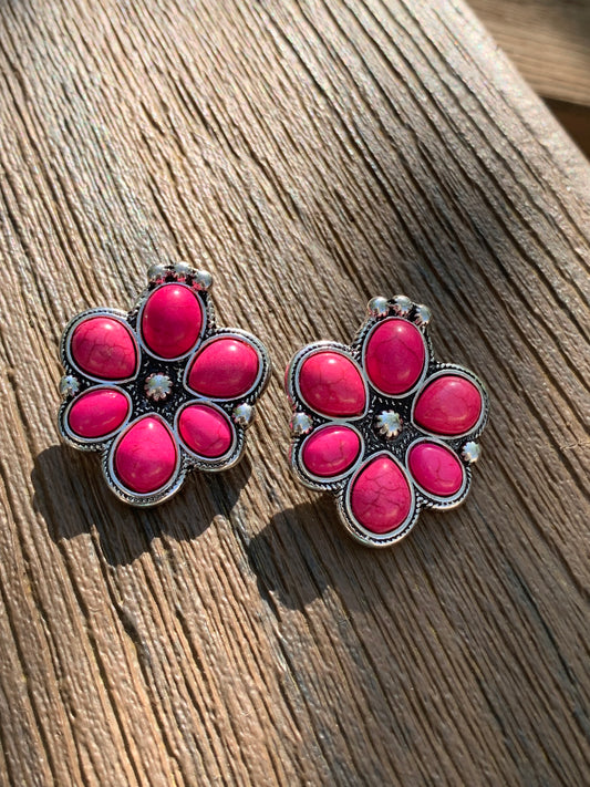WESTERN TURQUOISE STONE EARRING Silver Burnished/Fuchsia