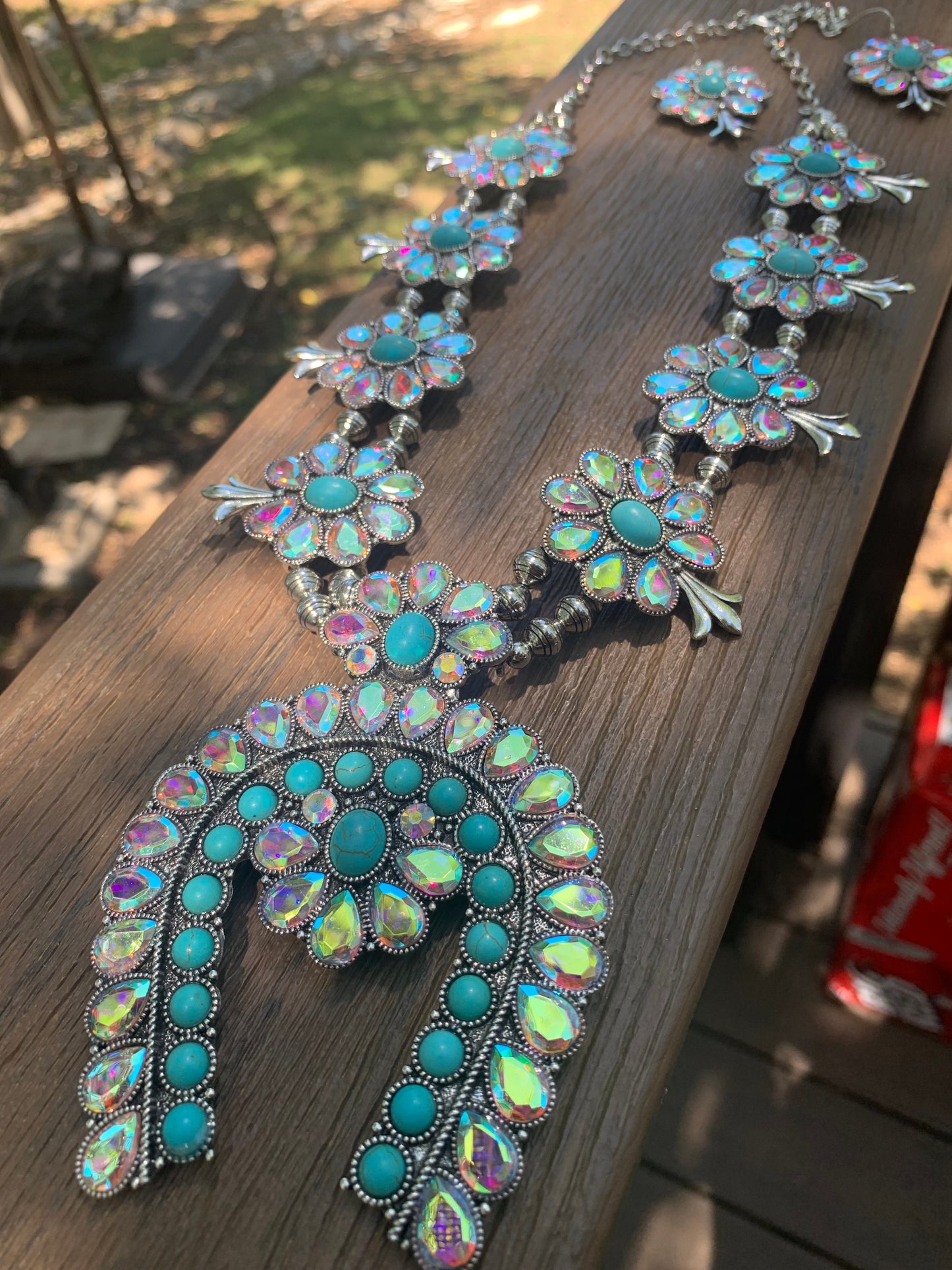 Western Squash Blossom Crystal Turquoise Stone Necklace Set