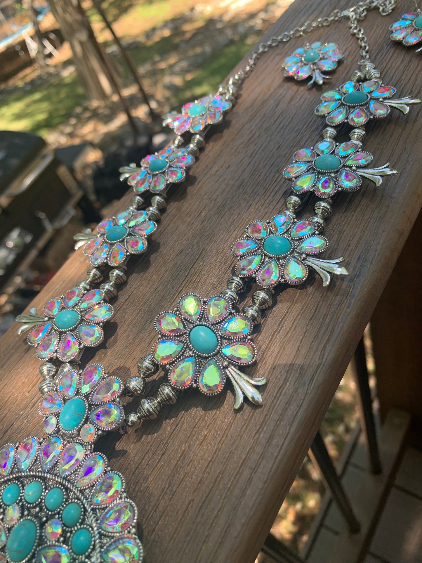 Western Squash Blossom Crystal Turquoise Stone Necklace Set
