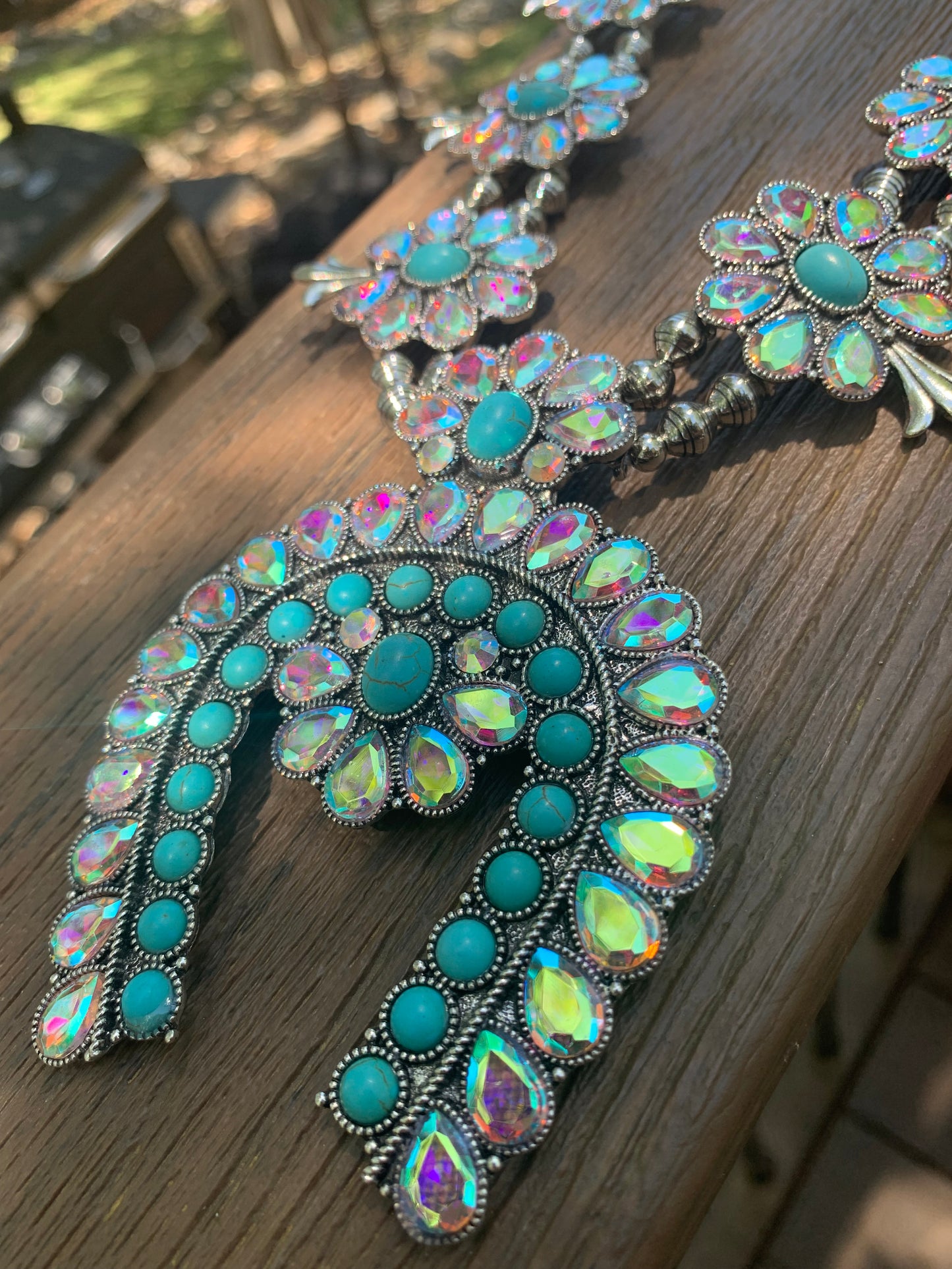 Western Squash Blossom Crystal Turquoise Stone Necklace Set