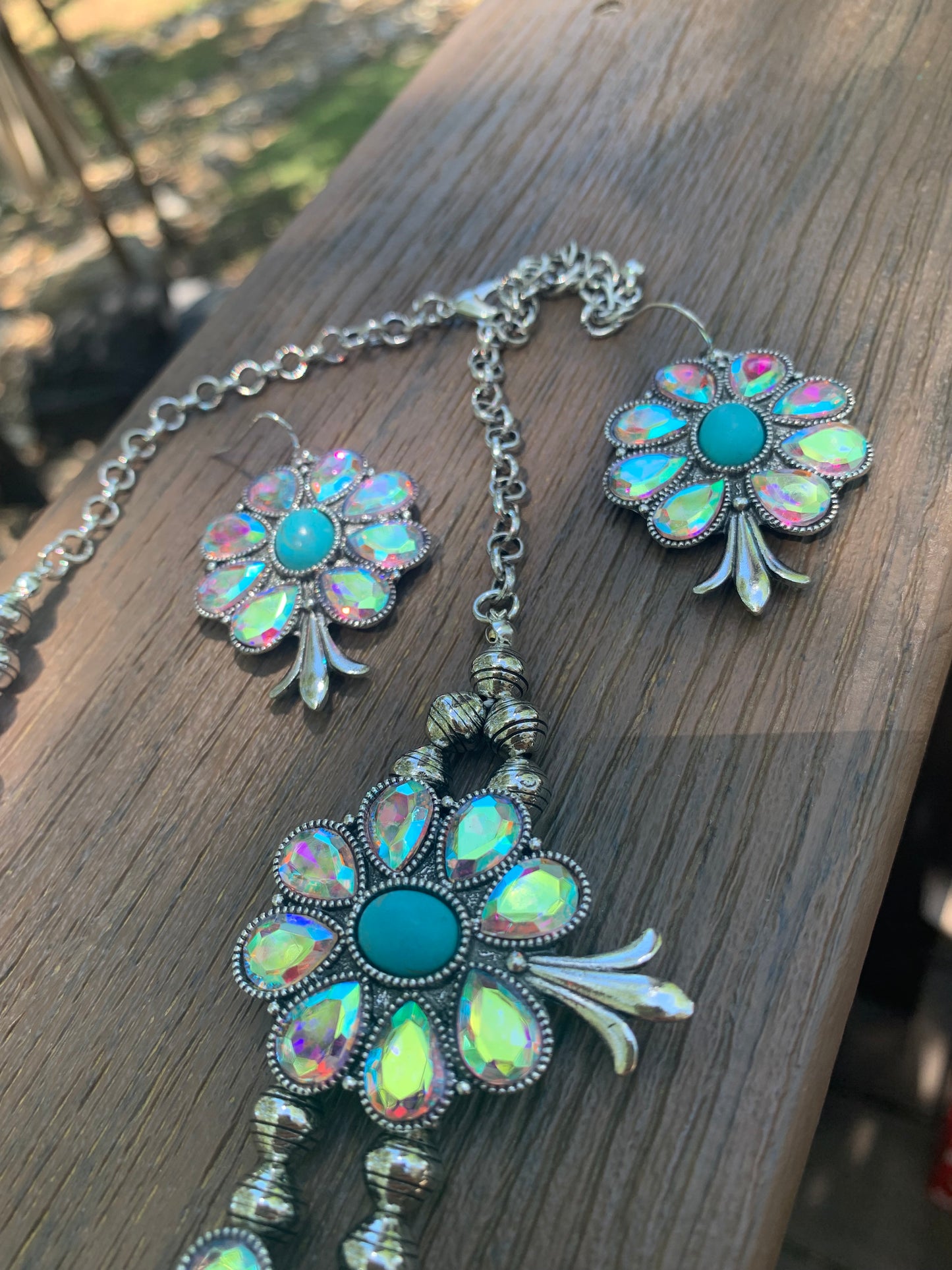 Western Squash Blossom Crystal Turquoise Stone Necklace Set
