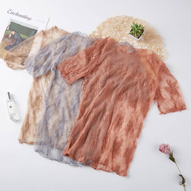 Floral lace mesh see through short sleeve top - 6 colors