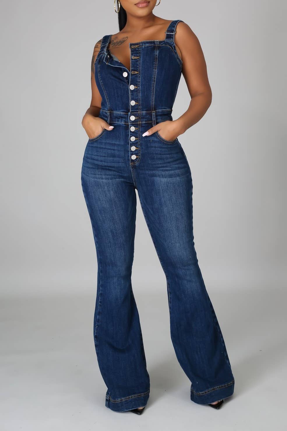 High rise Buttons denim bootcut overalls