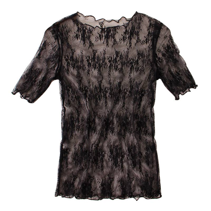 Floral lace mesh see through short sleeve top - 6 colors