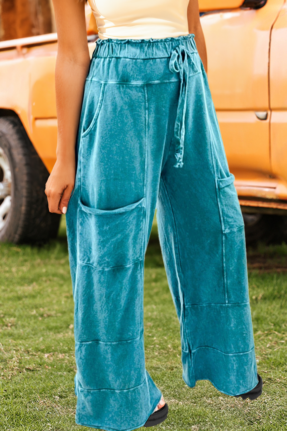 Mineral Wash Lace-up Raw Hem Patched Pocket Pants