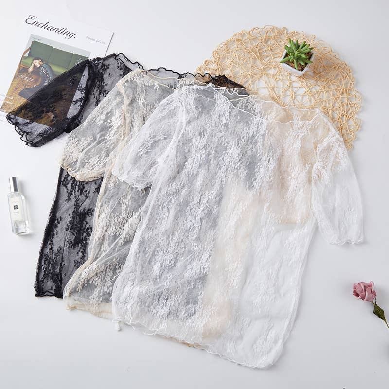 Floral lace mesh see through short sleeve top - 6 colors