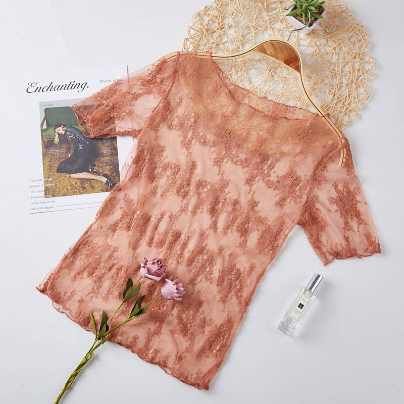 Floral lace mesh see through short sleeve top - 6 colors