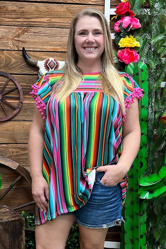 MOM SERAPE PRINTED TUNIC WITH POM POM TRIM