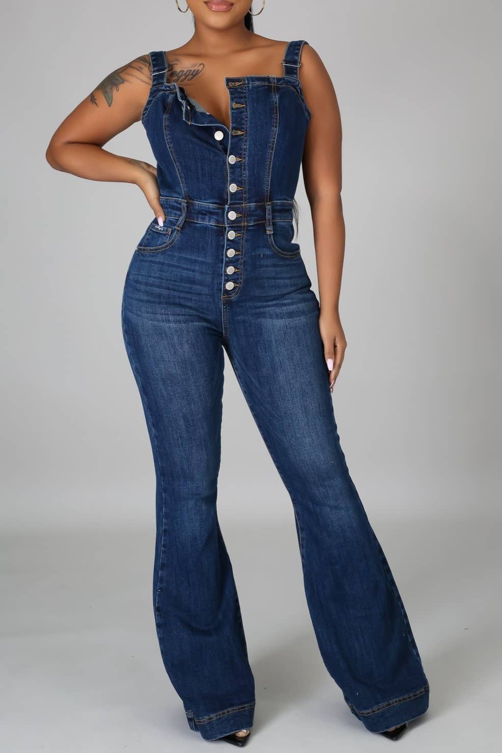 High rise Buttons denim bootcut overalls